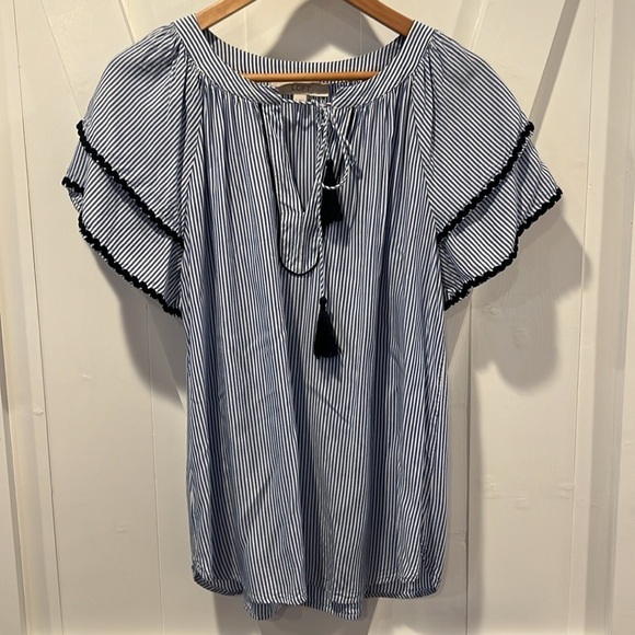 Loft Blue White Stripe Ruffle Sleeve Split Neck Rick Rack Tassle Size Medium - Picture 1 of 5